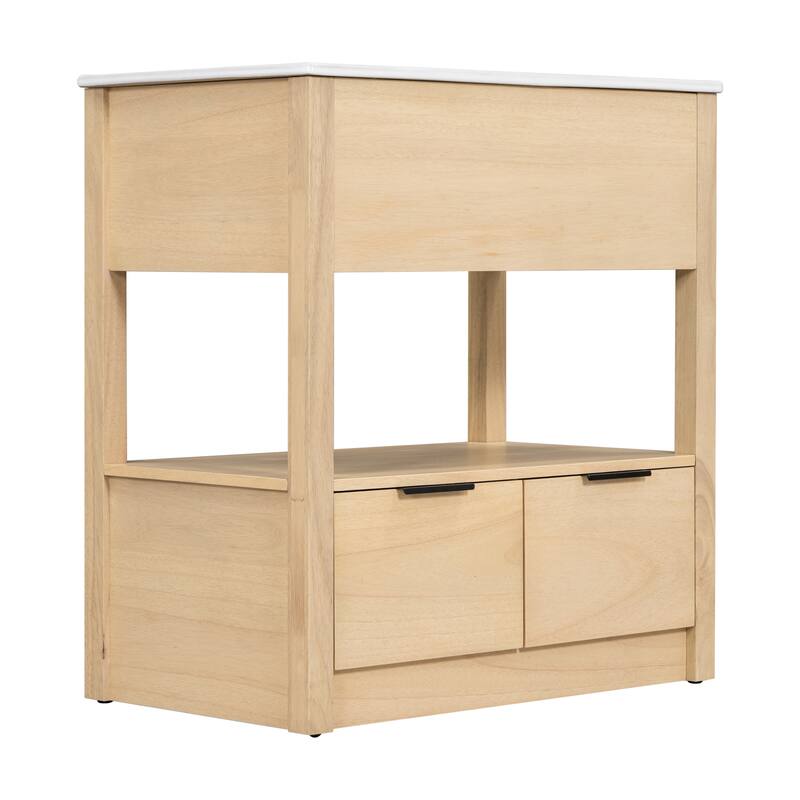 Modern 30-Inch Bathroom Vanity with Ceramic Sink, Open Storage Shelf, and Two Drawers, Brown