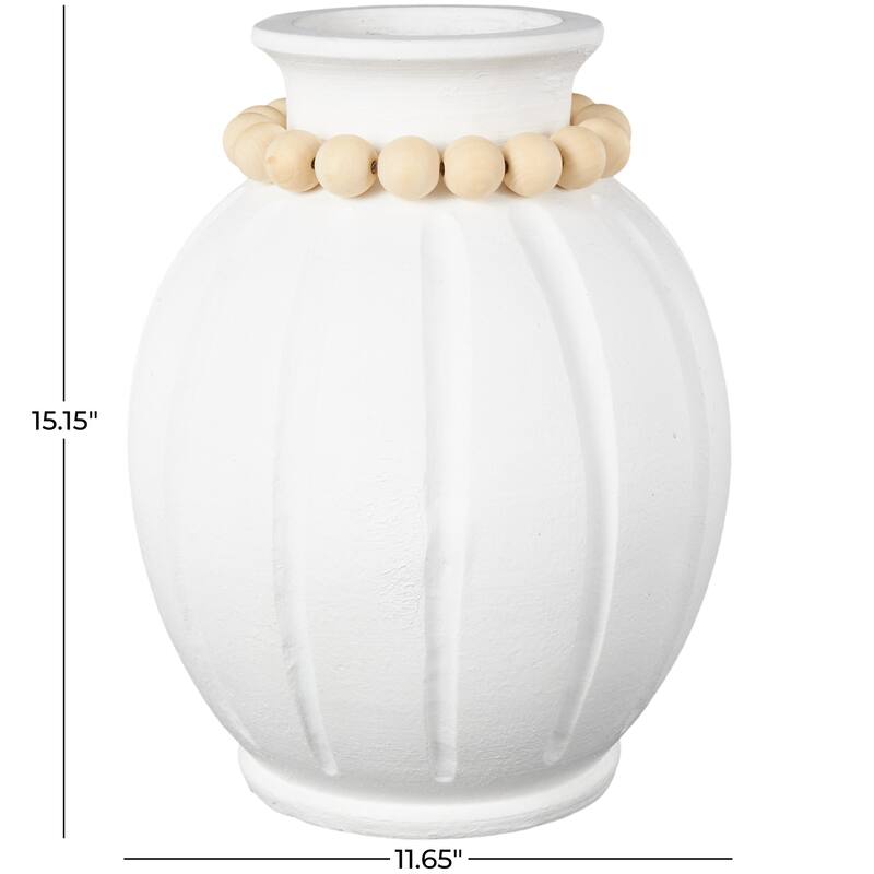 Magnesium Oxide Vase with Light Brown Beads and Carved Grooves - White - Roche River Decor