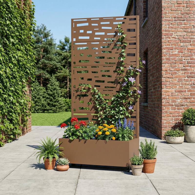 Raised Garden Bed Planter with Trellis Movable Planter Box with Lockable Wheels - 72*35 - Brown