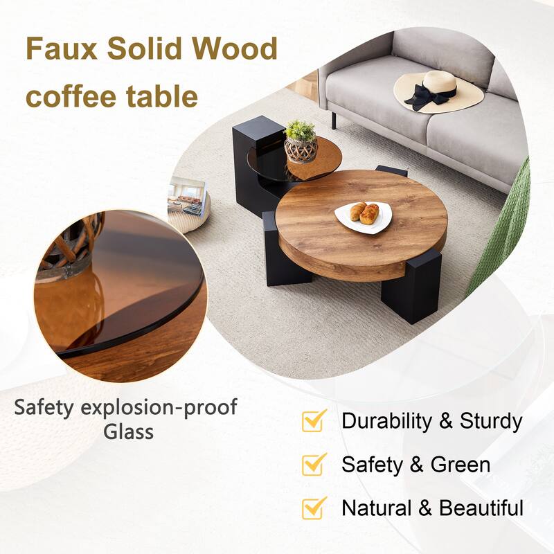 GDFStudio Kaelis Tempered Glass Coffee Table with Detachable Double-Layer Design