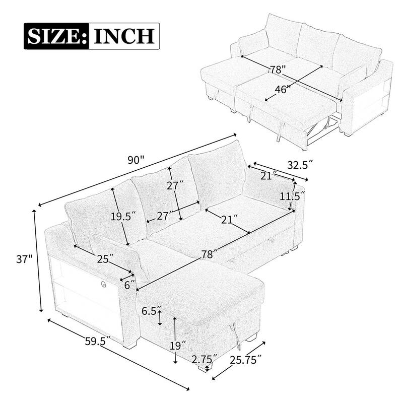 Pull Out Convertible Sleeper Sofa Bed L-Shaped Couch with Storage, USB