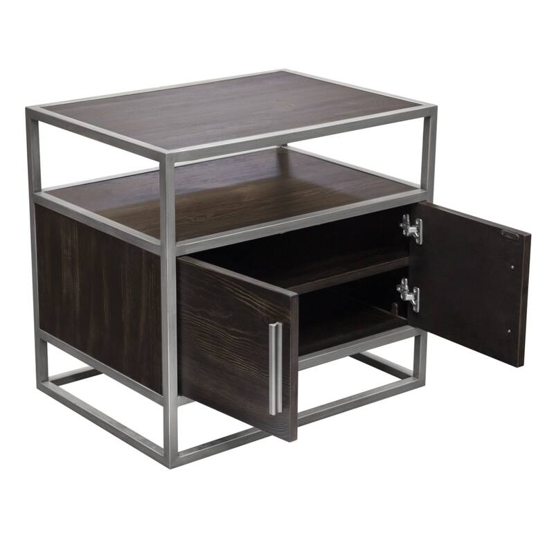 Chek 26 Inch Side Table Nightstand, 2 Doors, 1 Shelf, Dark Brown, Silver Steel