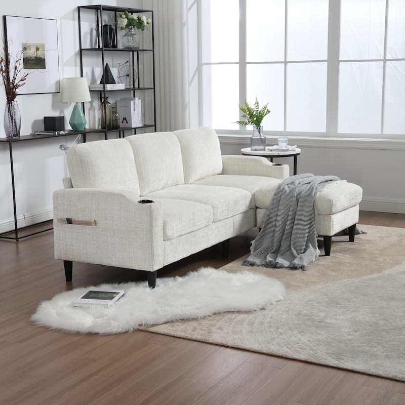 Modular Sectional Sofa with Storage Ottoman, Comfy Chenille Fabric Sofa, 3-Seater Sofa with Side Pockets & 2 Cup Holders
