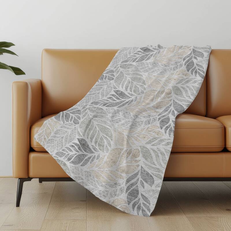 Premium Machine Washable ASB198 Palm Leave Sherpa Throw Blanket - Fog - 4'2" x 5'10"