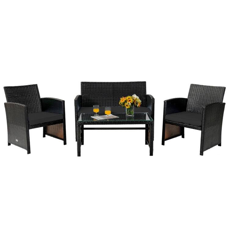 Black Mix Brown Rattan 4 Piece Sofa Set with Coffee Table Outdoor - 43.5" x 25" x 31" (L x W x H)