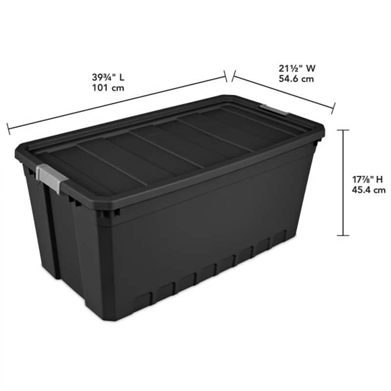 Sterilite 19 Gal Rugged Industrial Stackable Storage Tote w/ Lid, Black, 6 Pack