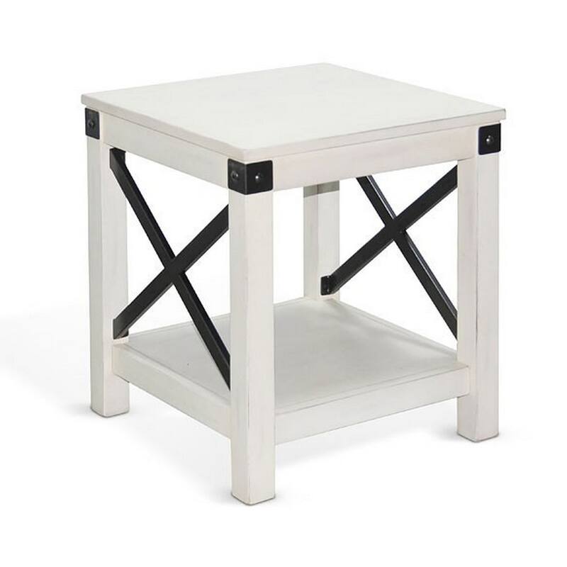 Sime Side End Table w Shelf, X Panel, 20 Inch Square Off White Wood