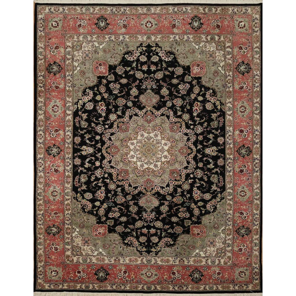 Hand Knotted Oriental Wool & Silk Carpet Traditional Floral Black Tabriz Area Rug - 11' 9'' X 9' 1''