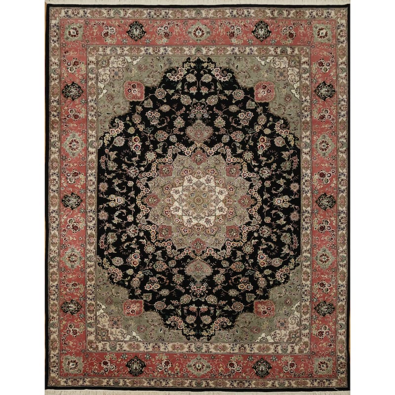 Hand Knotted Oriental Wool & Silk Carpet Traditional Floral Black Tabriz Area Rug - 11' 9'' X 9' 1''