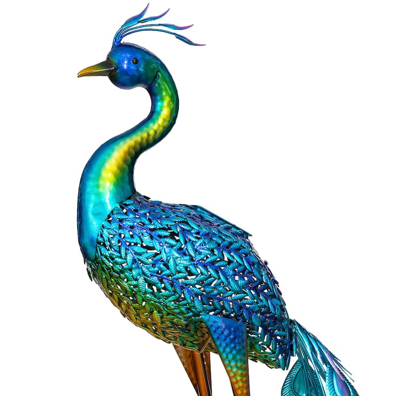 Solar Metal Vibrant Peacock Statue, 33"H