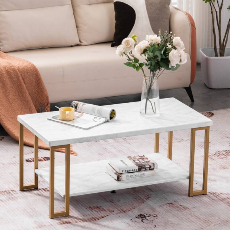 White and Gold Rounded Coffee Table with Faux Marble Top and Metal Legs Perfect for Living Room - 39.73 x 20.08 x 18.11