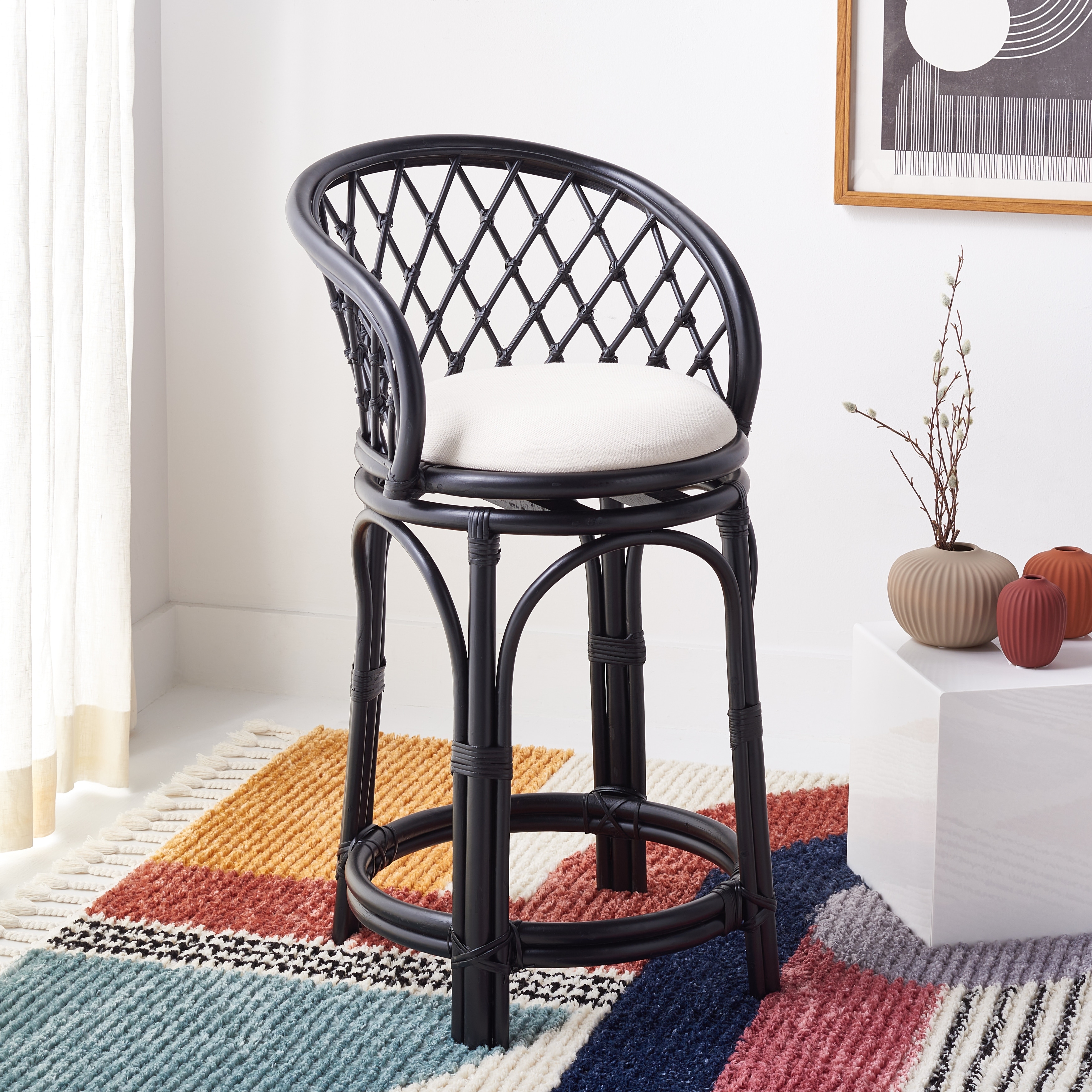 SAFAVIEH Galini 24-inch Rattan Counter Stool with Cushion - 21" W x 21" D x 35" H