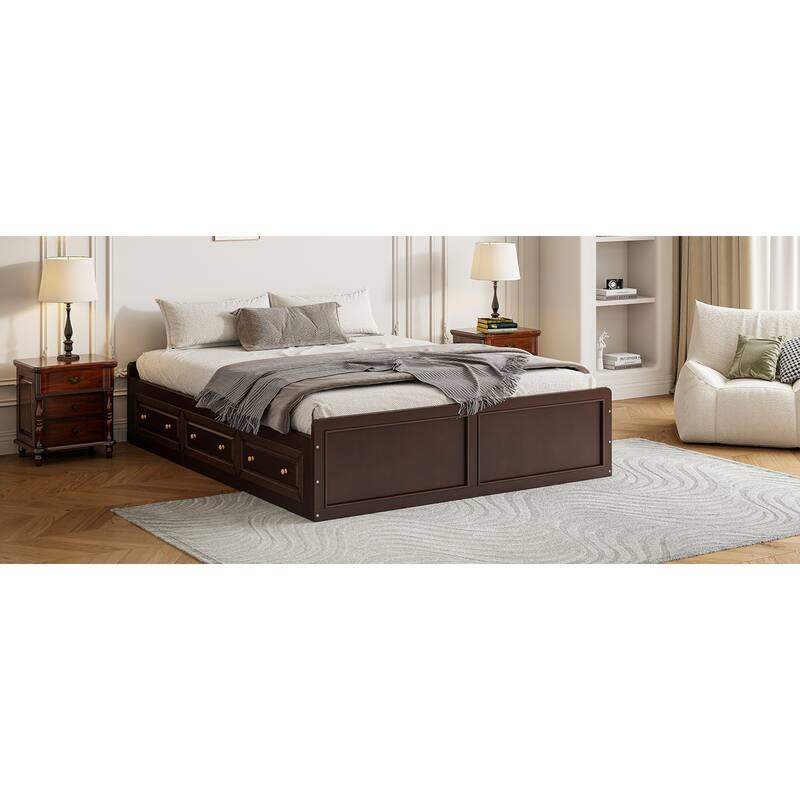 Roomfitters Queen Size Wood Platform Bed with 6 Storage Drawers, Solid Pine