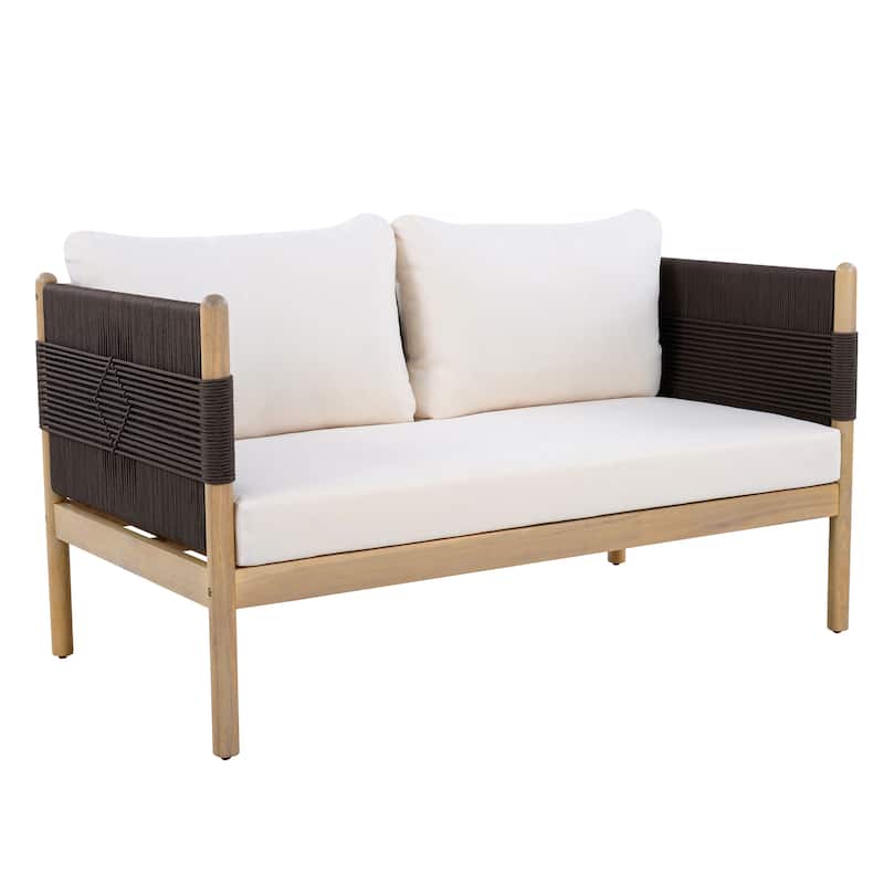 Christopher Knight Home - Xaizai Outdoor 50.35" Acacia Wood 2-Seater Loveseat with Cushions & Square Handwoven Rope Arms