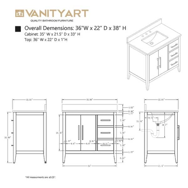 dimension image slide 5 of 10, Vanity Art 36" Single Sink Bathroom Vanity Cabinet with Engineered Marble Countertop