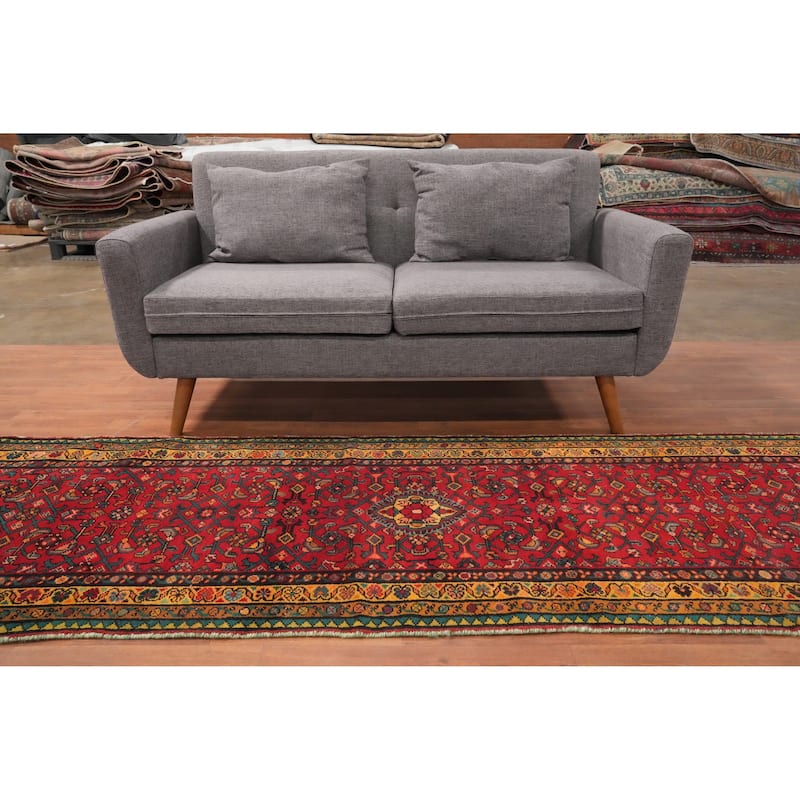 Hand Knotted Oriental 100% Wool Carpet Traditional Geometric Red Hamedan Runner Rug - 9' 11'' X 3' 0''
