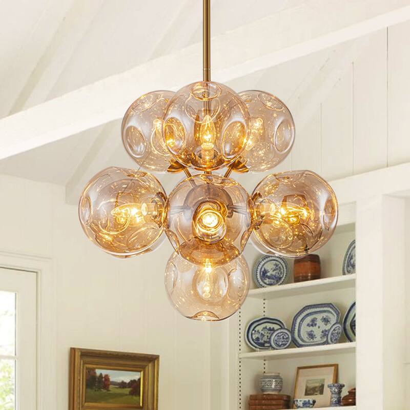Designer Cluster Amber Glass Globe Round Sputnik Chandelier 22 inches