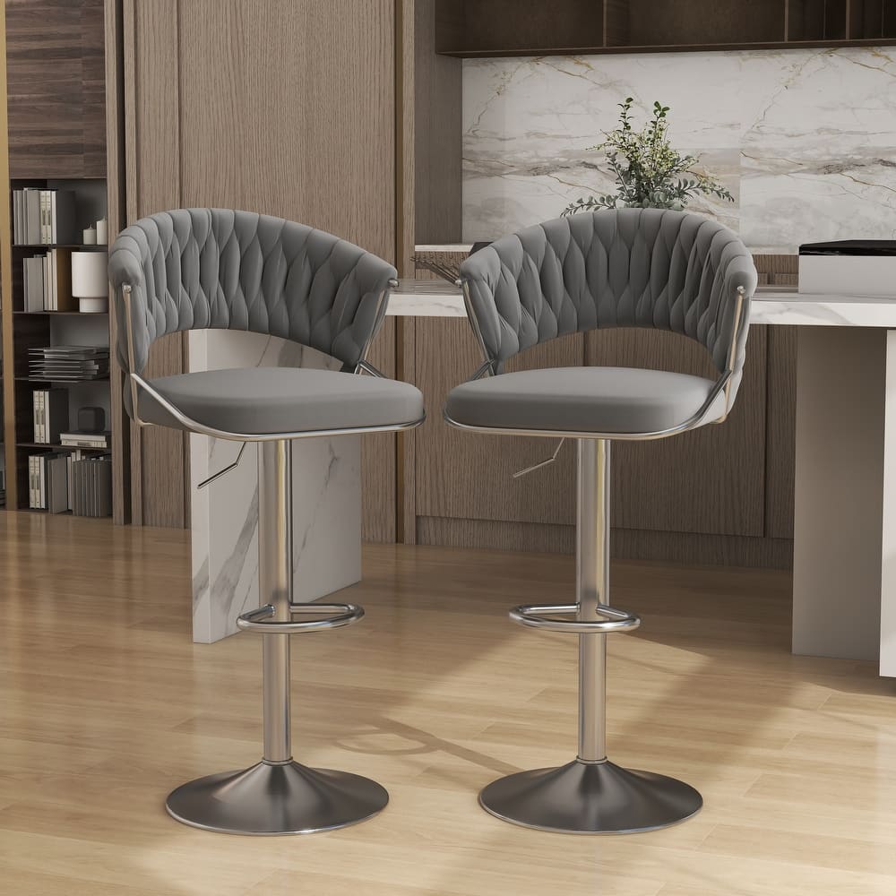 Set of 2 Modern Velvet Adjustable Bar Stools with Backs