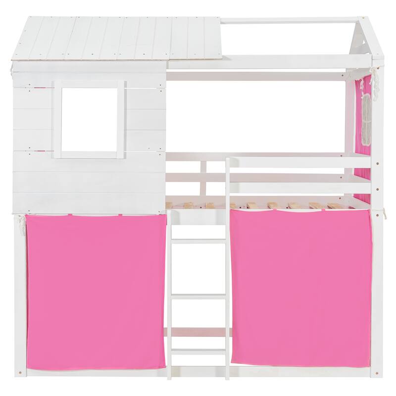 Twin Size Bunk Bed with Playhouse Tent Design and Solid Pine Wood Frame