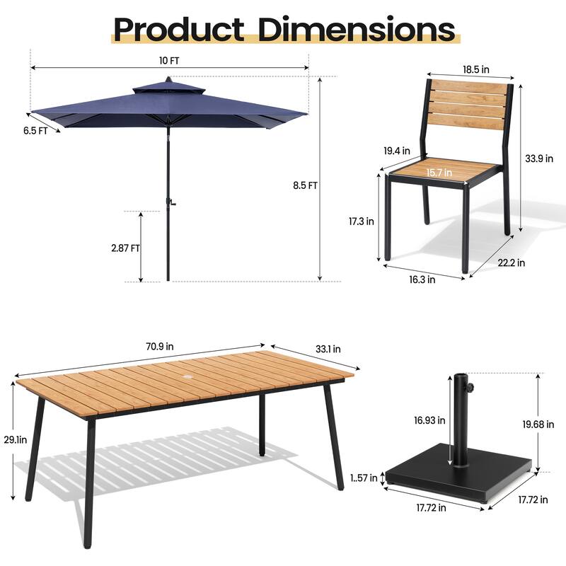 9PC Outdoor Patio Dining Set Aluminum Table with Stackable Chairs w/ Market Umbrella Set