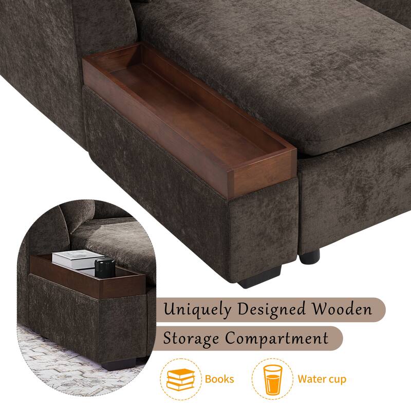 Modern L-Shaped Chenille Sectional Sofa with Wooden Storage Compartment and Matching Pillows for Living Room
