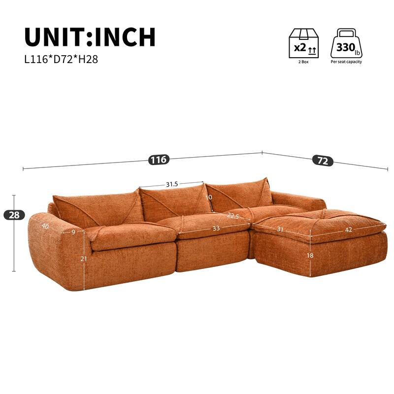 L-Shape Sectional Sofa with Ottoman, Chenille Sofa with Integrated Backrest & Seat Cushion, Fully Compressed Foam 4 Seat Sofa - Orange