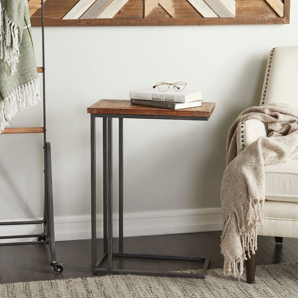 Black Metal Rustic Accent Table with Brown Wood Top