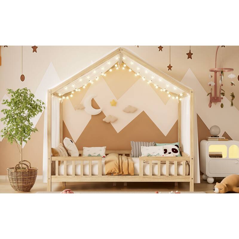 Montessori Floor Bed with Canopy, Full Bed Frame for Kids, House Shape Toddler Bed Frame with High Railings,Full