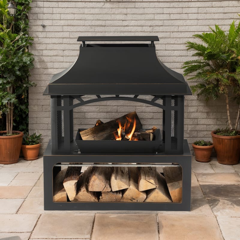 GDFStudio - Thorne Steel Outdoor Wood-Burning Fireplace Chimney for Garden and Patio Gatherings - Matt Black