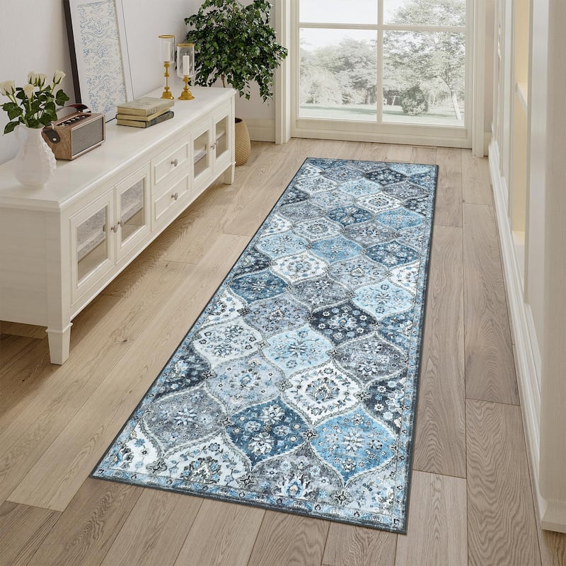 Rugs for Living Room Vintage Oriental Trellis Area Rug Soft Non Slip Low Pile Accent Rugs for Dining Room Office - 2'x6' - Gray Blue