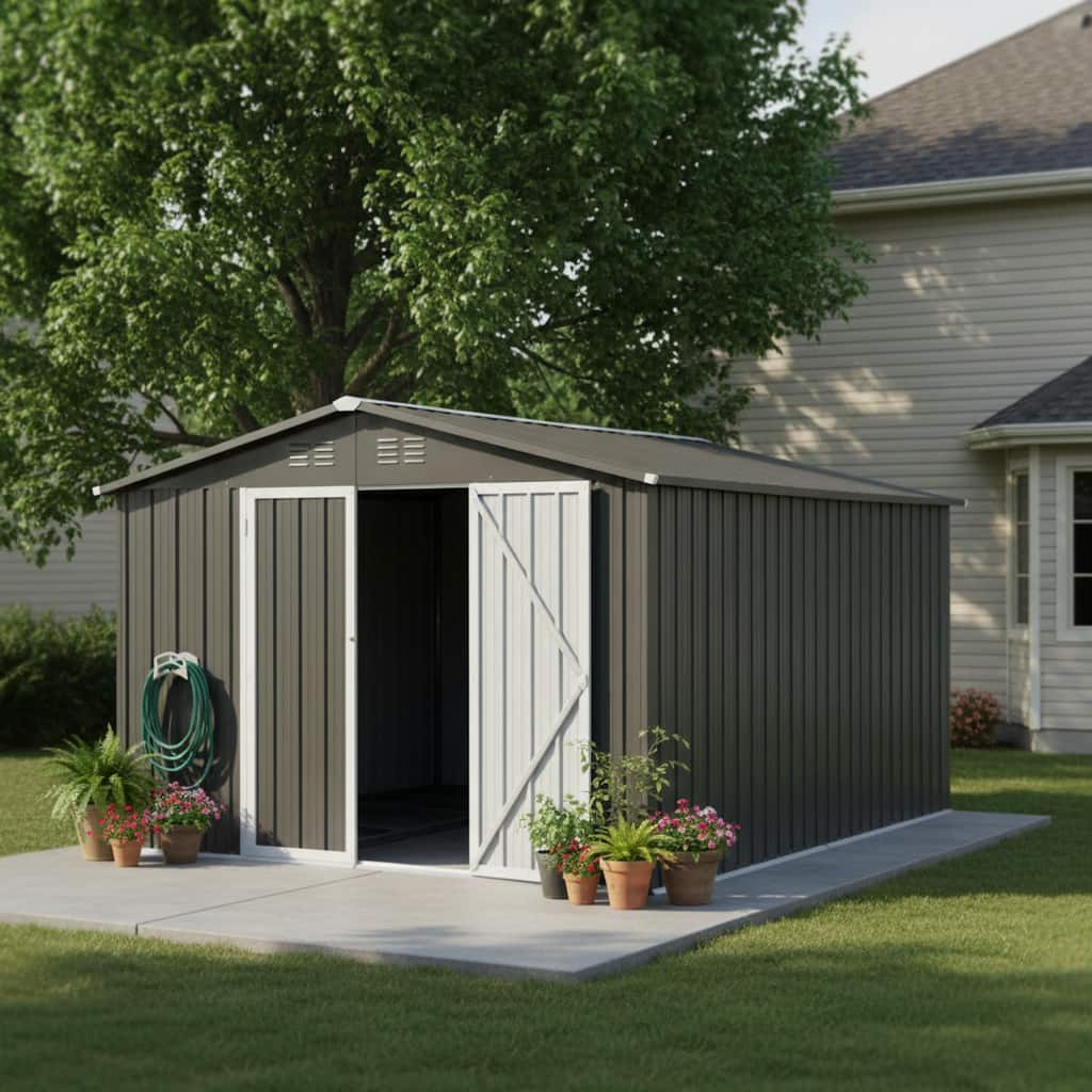 Roomfitters 10x12 Ft Metal Storage Shed Outdoor Backyard Garden House Sliding Door Lockable Tool Storage Box Vents, Grey