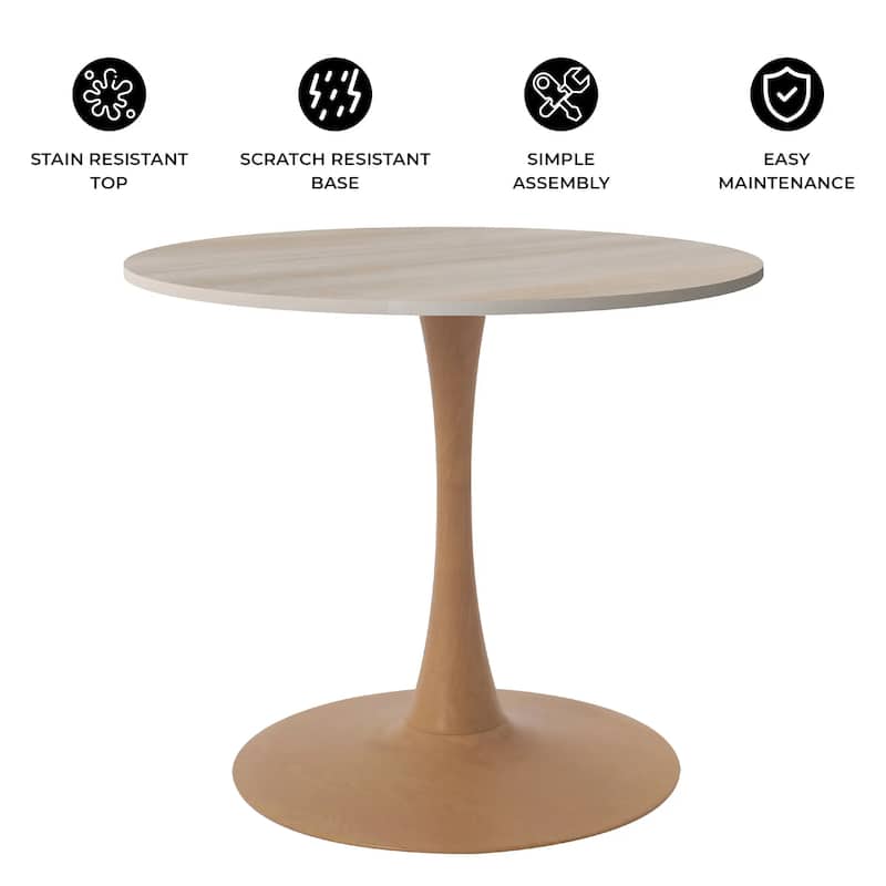 Bristol 27" Round Dining Table with Sintered Stone Top and Natural Wood Steel Pedestal Base for Modern Kitchen and Dining Room