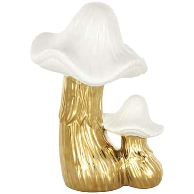 Ceramic Mushroom Decorative Sculpture with White Tops and Textured Grooves - Gold or Silver - Roche River Decor