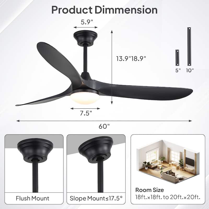 Sofucor 60"Ceiling Fan with Light and Remote Control,Outdoor/Indoor High CFM Quiet 3 ABS Blades for Patio,Porch,Farmhouse,Gazebo