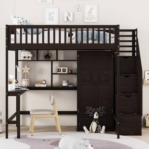 slide 2 of 39, Full Size Loft Bed with Bookshelf and Drawers, Wood Loft Bed with Desk and Wardrobe, Storage Loft Bed for Kids Teens Bedroom Espresso - Full