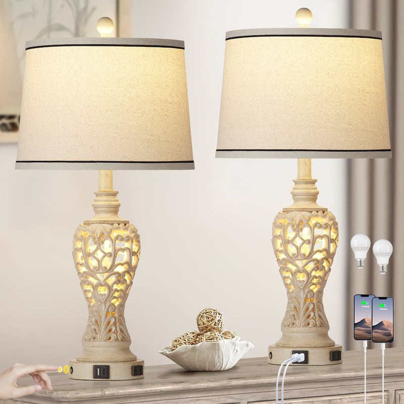 Resin Nightlight Table Lamp 2in1 with USB Charging Port & Type-C Charging Port & AC Outlet 2 Independent Switches (Set of 2) - 12.5'' x 12.5'' x 25.2'' (L x W x H) - White
