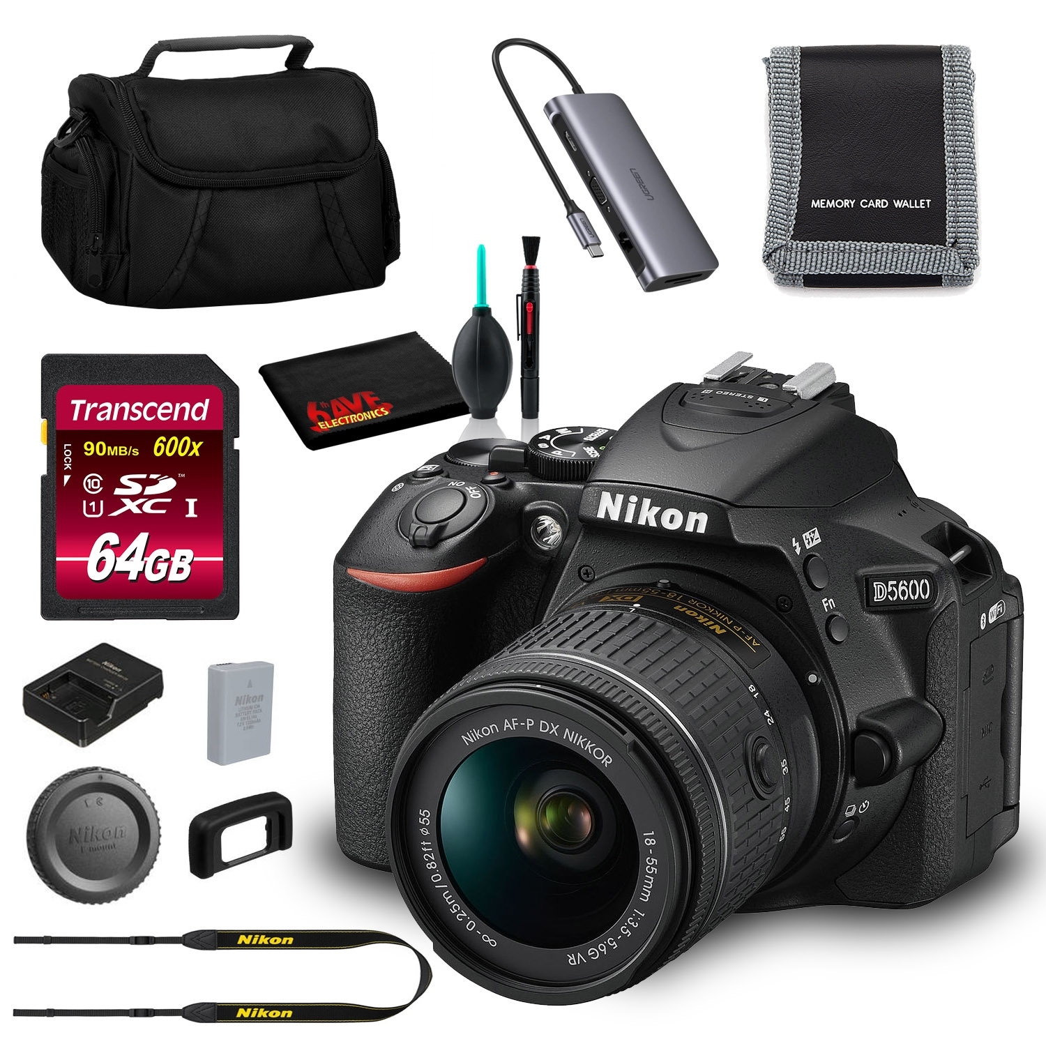 Nikon D5600 DSLR Camera with 18-55mm Lens (Intl Model) and 64GB Memory