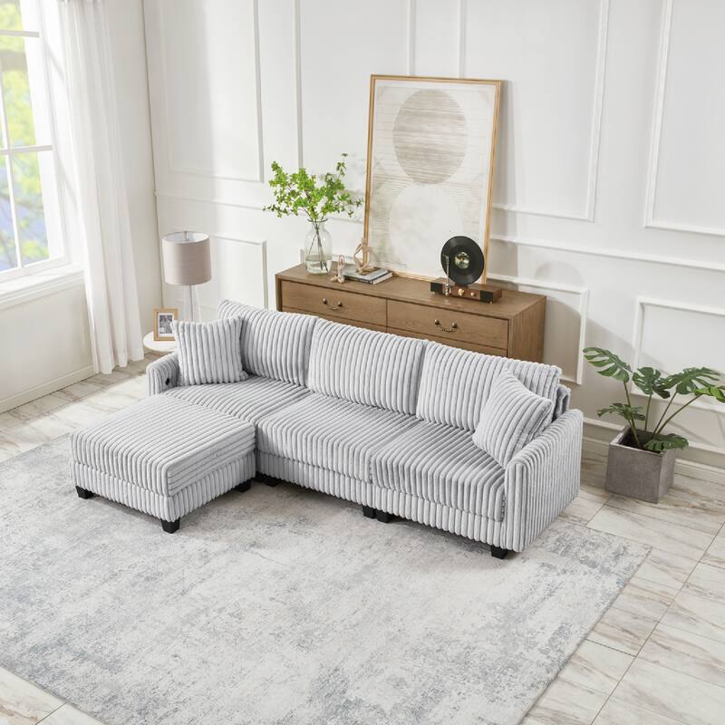 100" Corduroy Fabric Sofa With L-Shaped Modular 3-Seat Convertible Sofa, Built-In Dual Charging Ports At The Arms