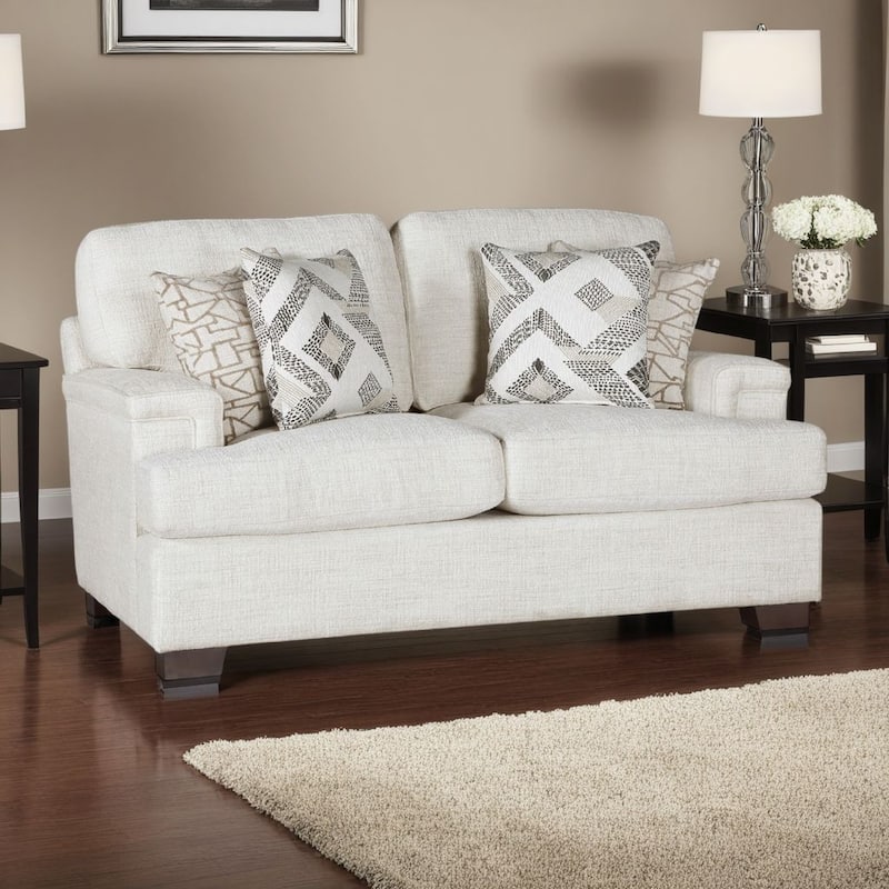 Osy Loveseat, 66 Inch, 4 Pillows, Soft Ivory Chenille, Solid Wood