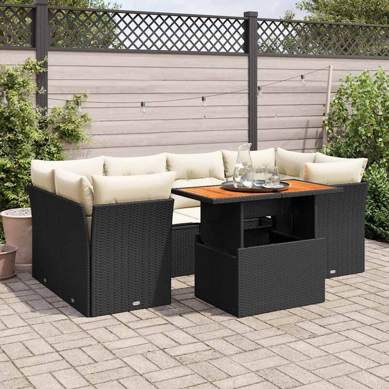 vidaXL Garden Sofa Set Black, Cream White PE Rattan Adjustable Feet - 21.7 x 39.4 x 28.7