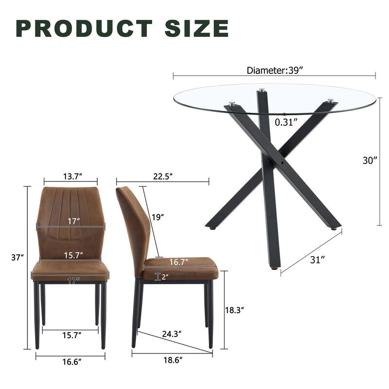 Round Dining Table Set for 4, Modern Glass Dining Room Table with 4 Chairs, 5 Piece Kitchen Table and Chairs Set for Small Space