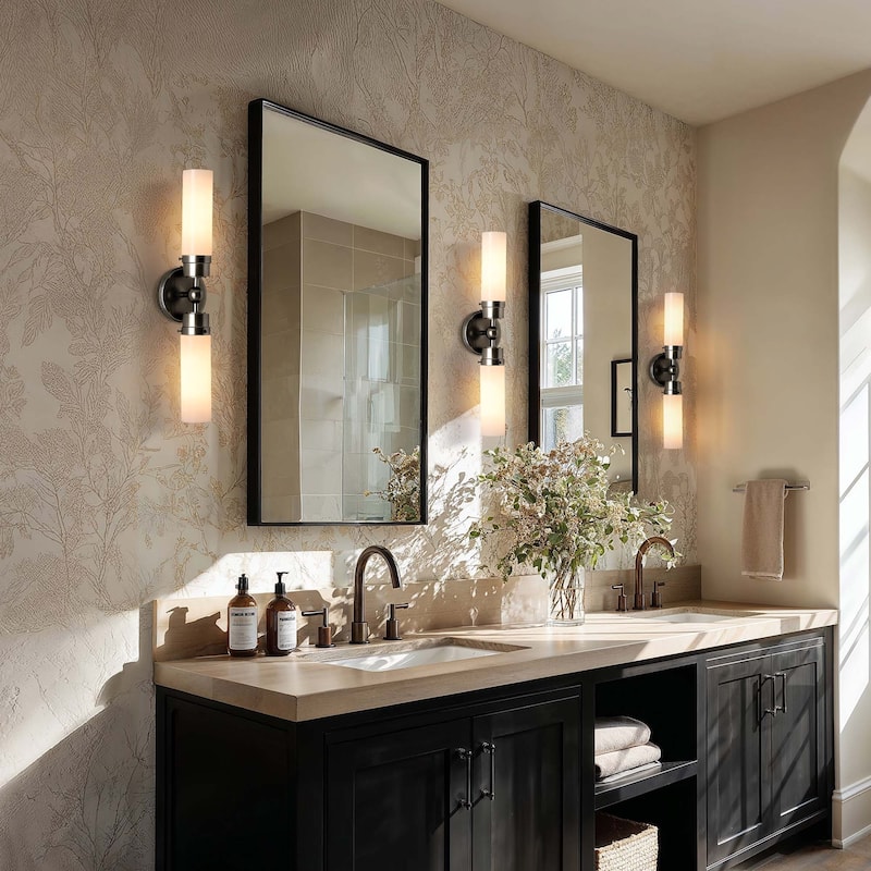 Howard Double Wall Sconce - Metal, Glass & Matte Black, Ivory White 2-Light Sconce for Living Room or Bathroom in Modern Style