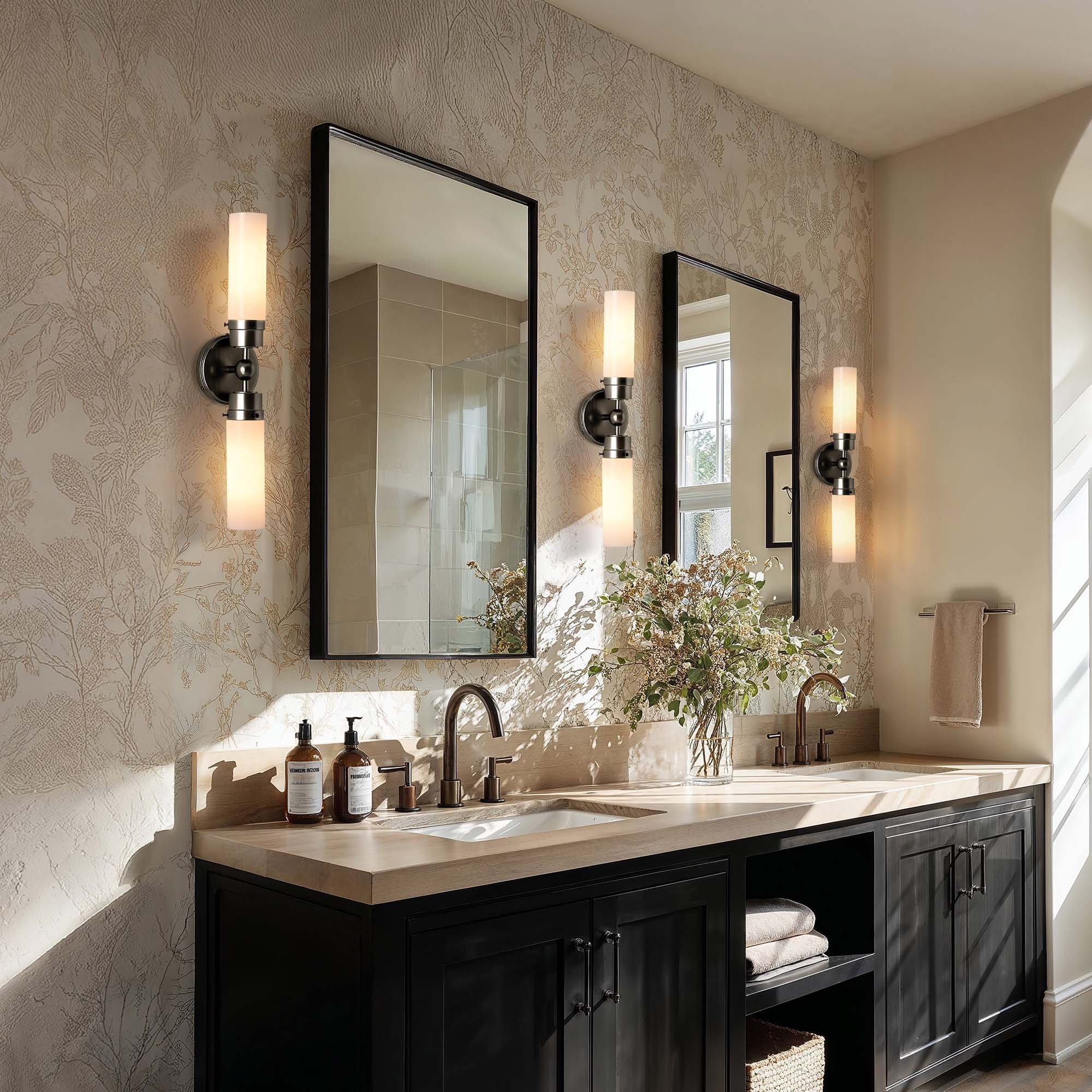 Modern Double Wall Sconce - Metal, Glass & Matte Black, Ivory White 2-Light Sconce for Living Room or Bedroom in Modern Style