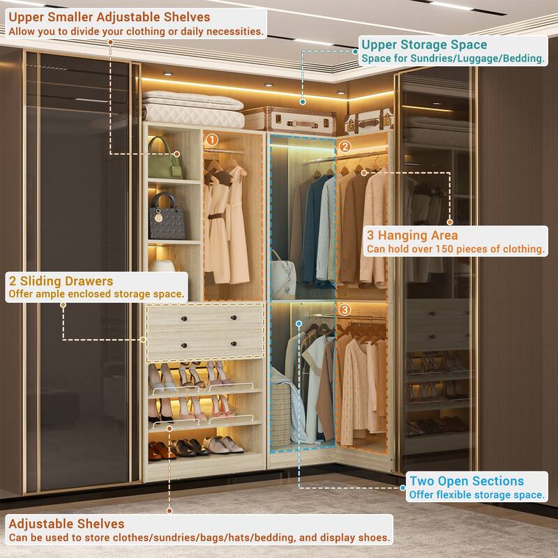 Set of 2/ 3 Coner Closet System with Shoe Racks and Drawers, Freestanding Closet Organizer with Hanging Rods and Shelves