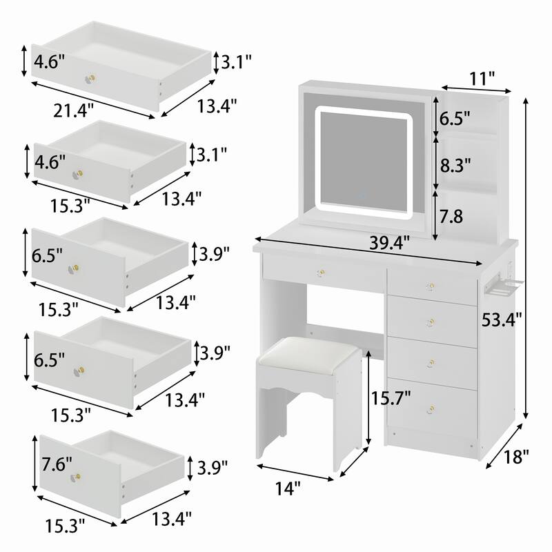 Vanity Desk Lighted Mirror Makeup Vanity Table Set w/Charging Station