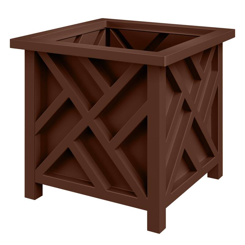 Lattice Design Planter Box - 15.5-Inch-Square Decorative Outdoor Flower or Plant Pot by Pure Garden (Brown)