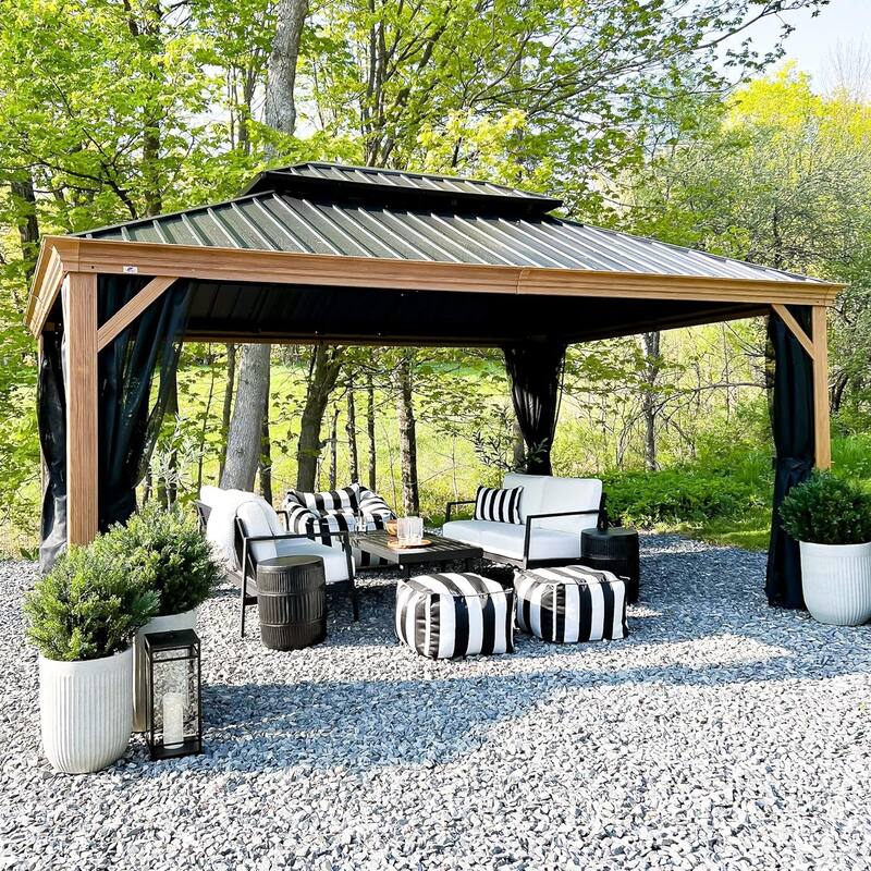 PURPLE LEAF Hardtop Gazebo Galvanized Steel Roof Gazebo Pergola w Wooden Coated Alumninum Frame and Mosquito Net