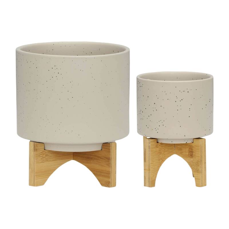 Sagebrook Home Ceramic Planters with Bamboo Stand Indoor/Outdoor - 8" x 8" x 9" - Set of 2 Ivory/Beige