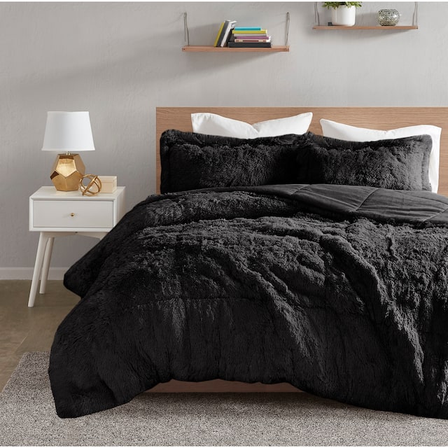Leena Shaggy Faux Fur Comforter Set by Intelligent Design - Black - Full - Queen