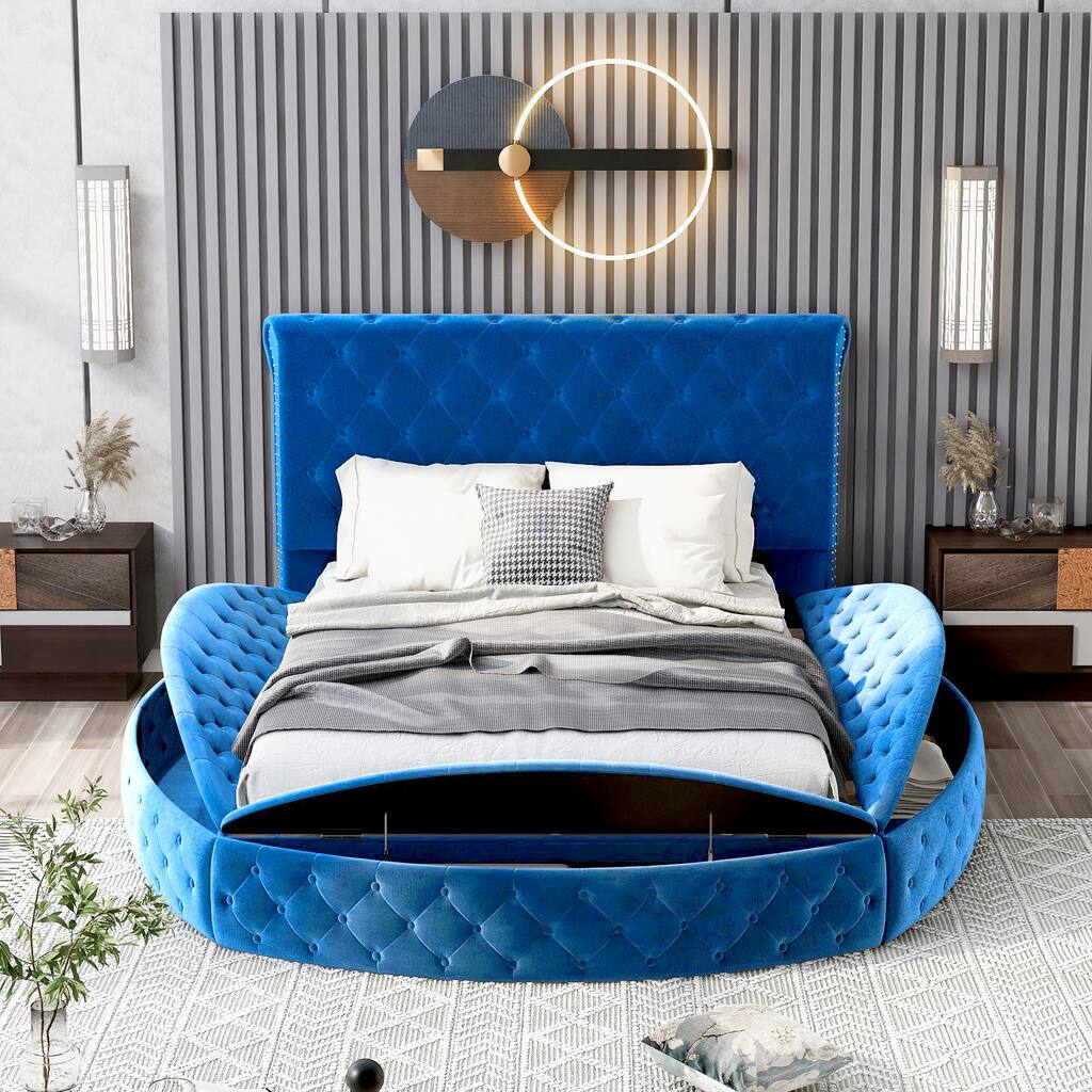 Full Size Button-tufted Round Platform Bed Velvet Upholstery Bed with Around Storage Section for Small City Aprtment Dorm